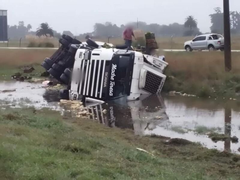 Chascomús | Un camión cargado de verduras despistó y volcó en Ruta 2